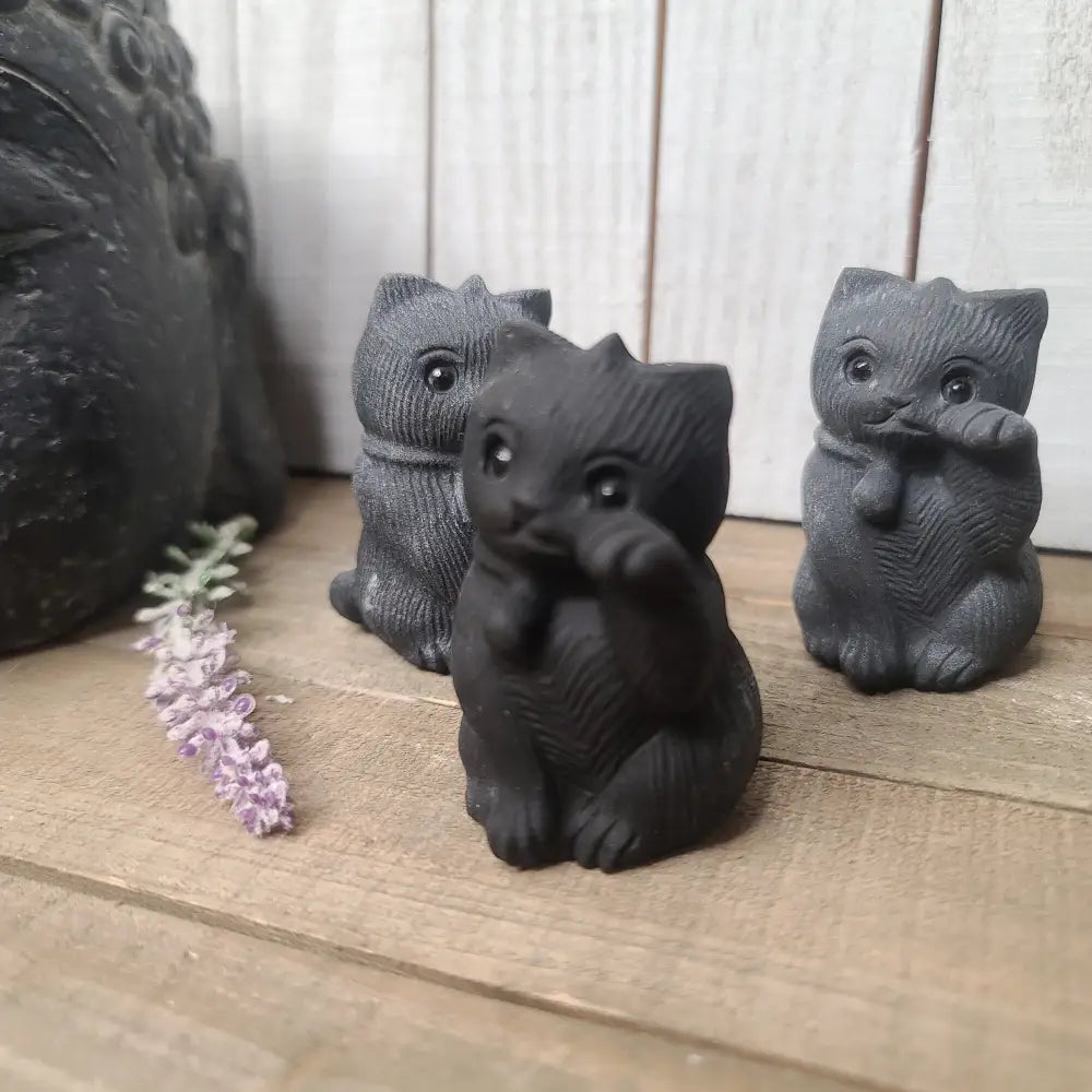 Hand-carved 2-inch Black Obsidian cuddly cat figurine with a glossy finish, featuring a sweet, snuggly pose, displayed on a white background.