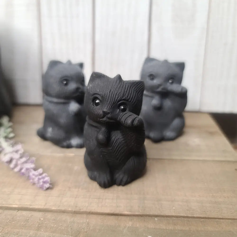 Hand-carved 2-inch Black Obsidian cuddly cat figurine with a glossy finish, featuring a sweet, snuggly pose, displayed on a white background.