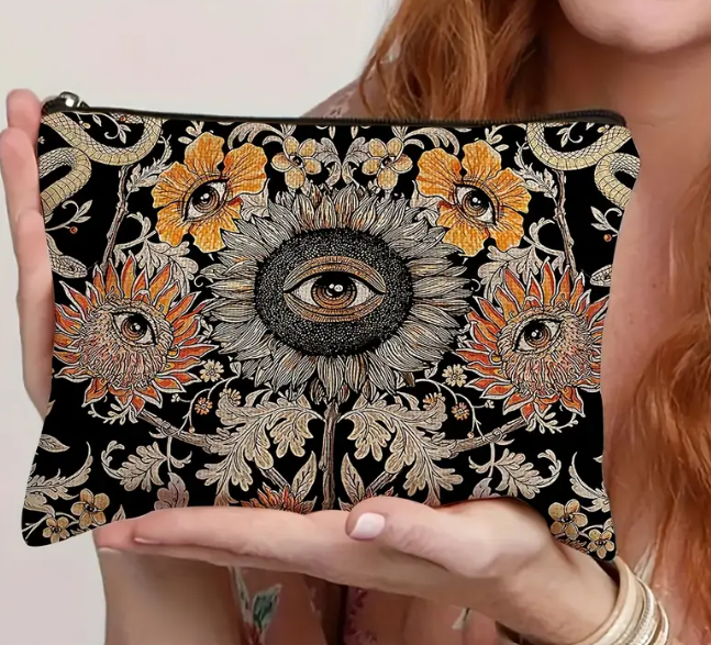🌻👁️ Bohemian Tarot Eye & Sunflower Makeup Bag – Gothic Evil Eye Design with All-Seeing Eye (8.66’’ x 7’’) – Mystical