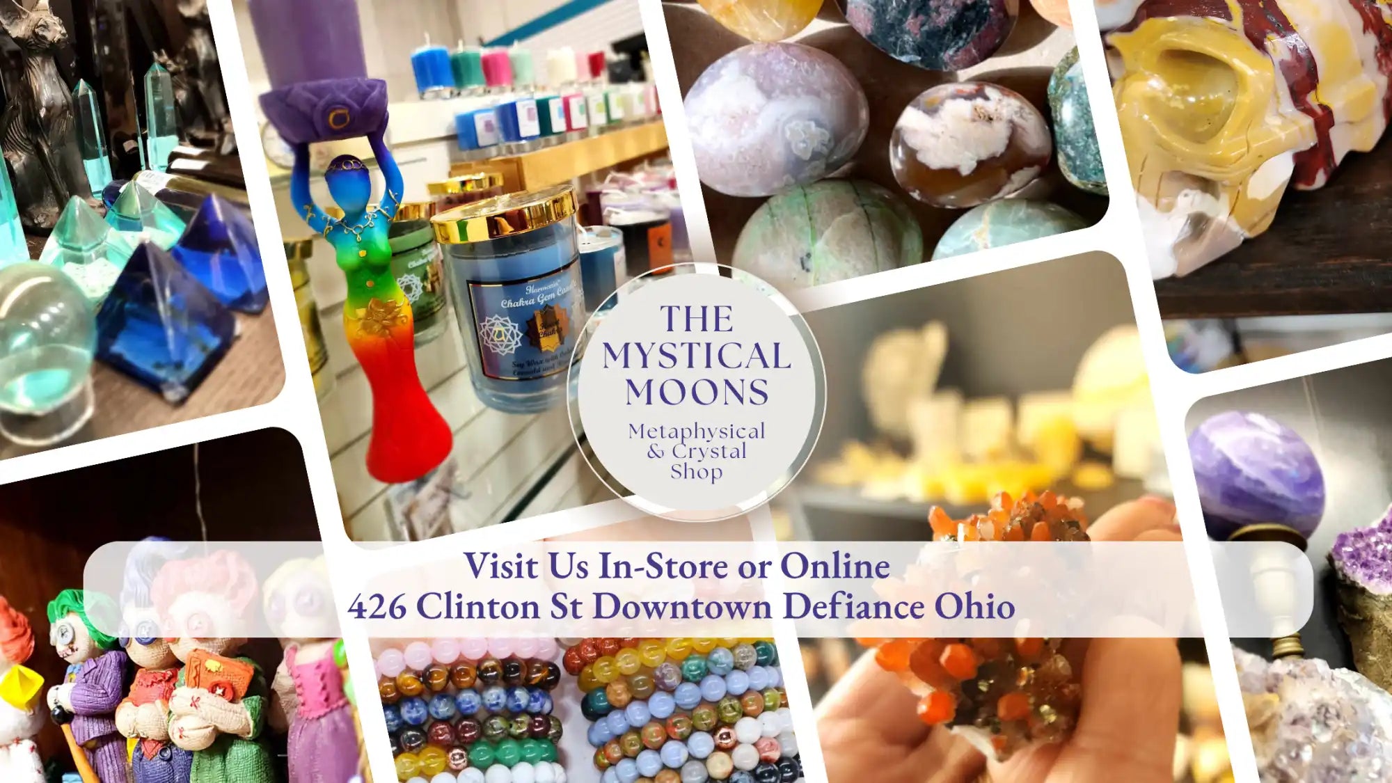 A collage of metaphysical and crystal shop items including candles, crystals, and beaded bracelets.