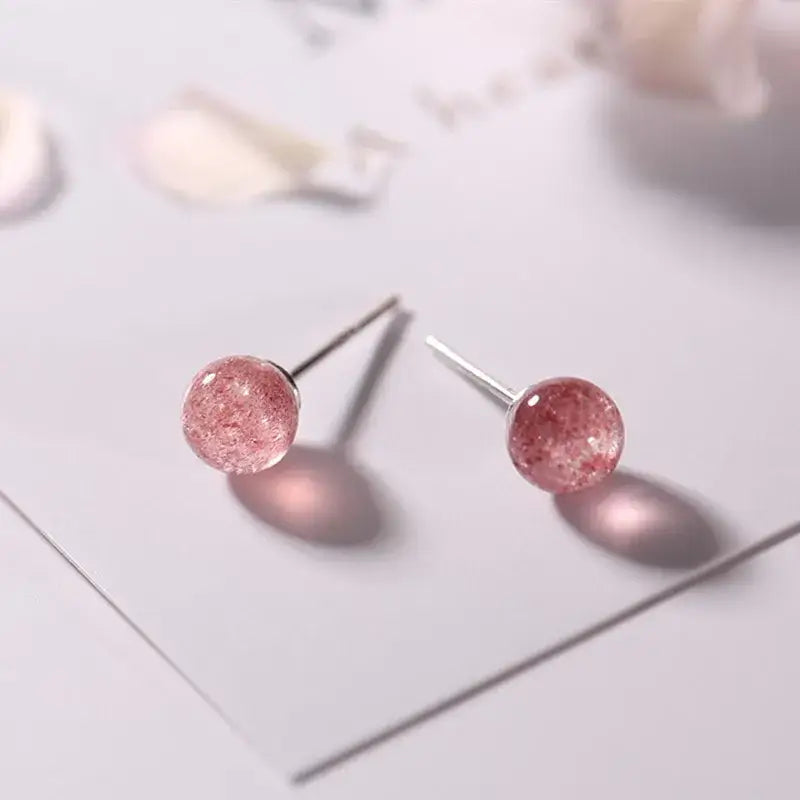 6MM & 8MM Bead Crystal Earrings - 6MM Strawberry Quartz - Jewelry