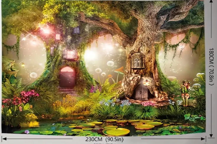 Large 90" x 70" tapestry featuring an enchanted fairy forest with ancient trees and glowing lights, displayed on a white background. Perfect for nature magic, whimsical decor, and enchanted vibes.