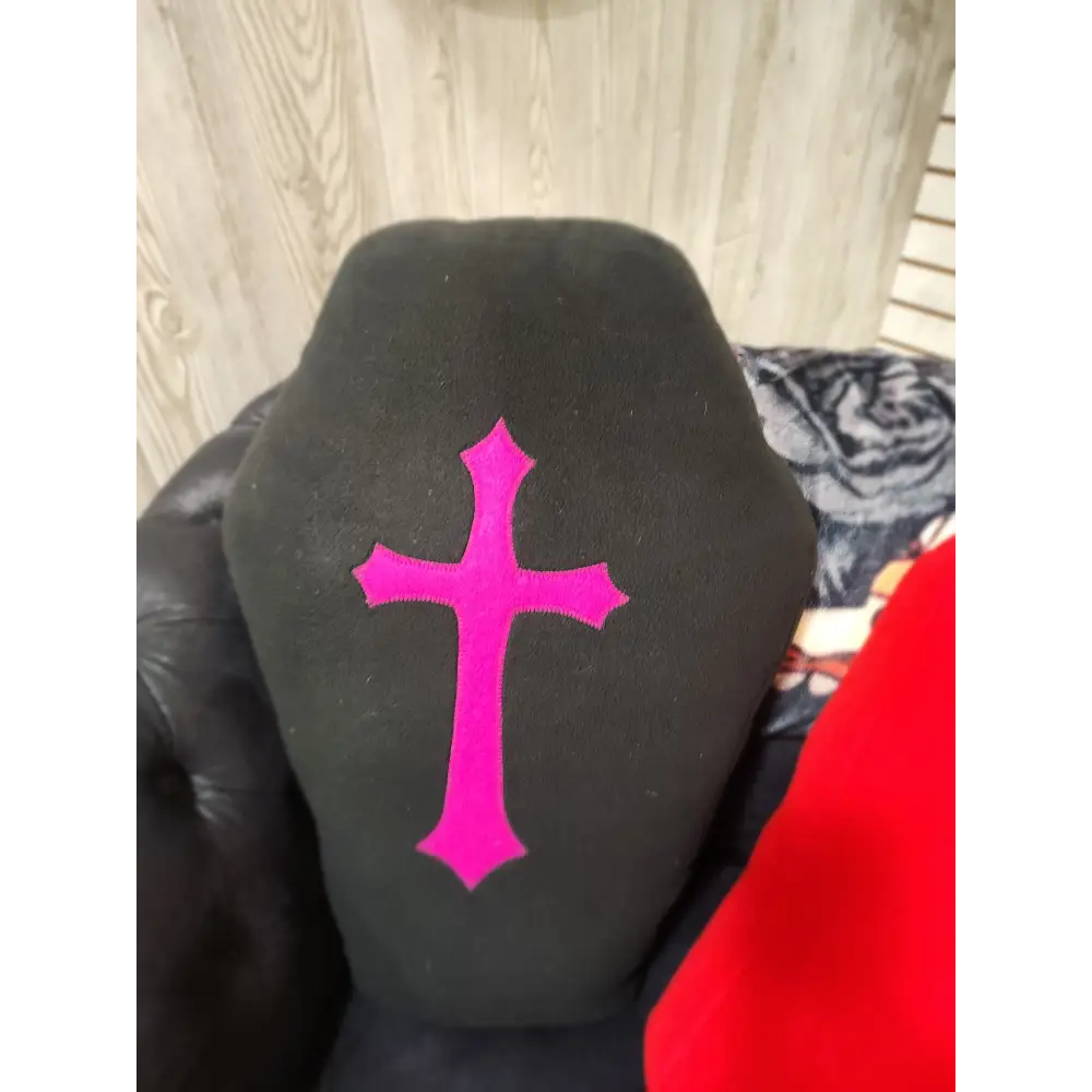 🖤 Fleece Coffin-Shaped Pillow - 19’’ x 13’’ ✨ - Black w/ Pink Cross - Pillows Blankets & Stuffed Creatures
