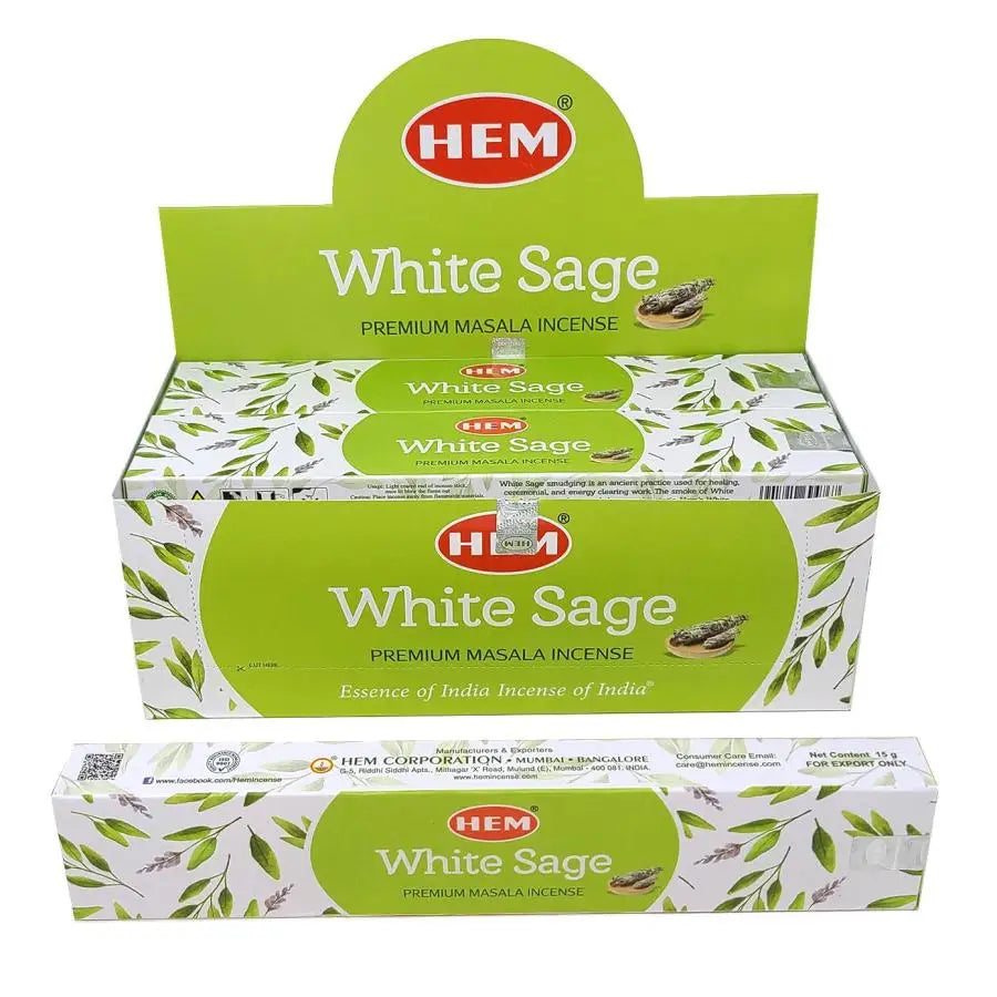 Box of HEM Premium White Sage Incense Sticks with individual sticks displayed, set against a white background. Perfect for purification, clarity, and sacred cleansing.