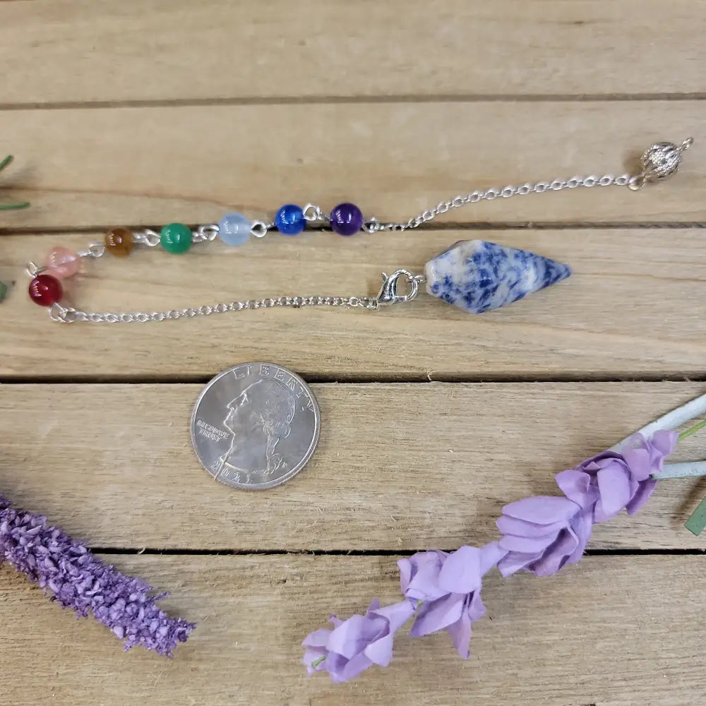 HEXAGON POINTED PENDULUM W/CHACKRA CHAIN - SODALITE - Pendulums & Mats