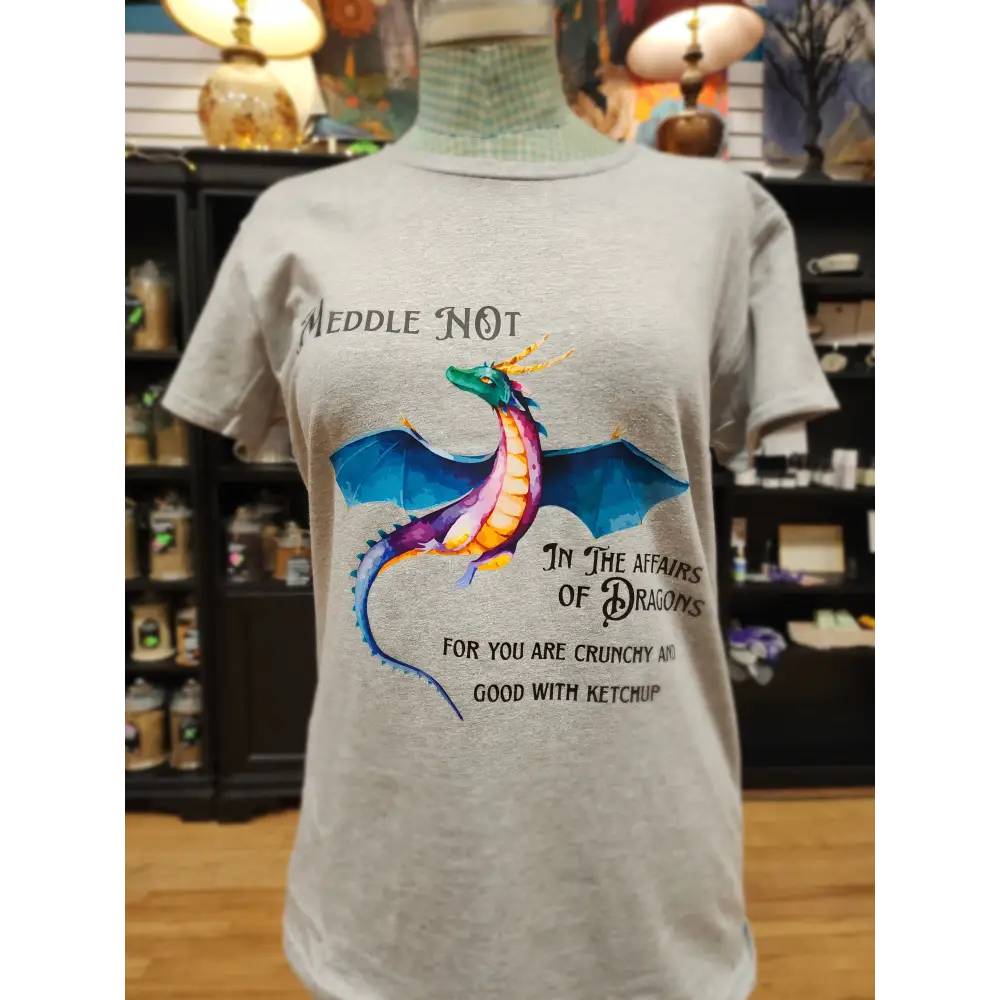 Meddle Not in the Affairs of Dragons T-Shirt – Sassy Mythical Dangerously Delicious 🐉🍔 - Grey / Large - Black