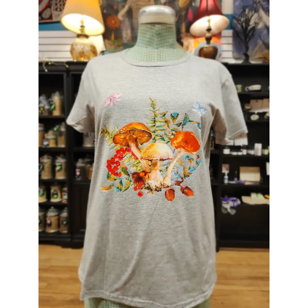 Orange Mushrooms Butterflies Tee - Spiritual Tshirt Designs - Grey / Large - Clothing & Apparel
