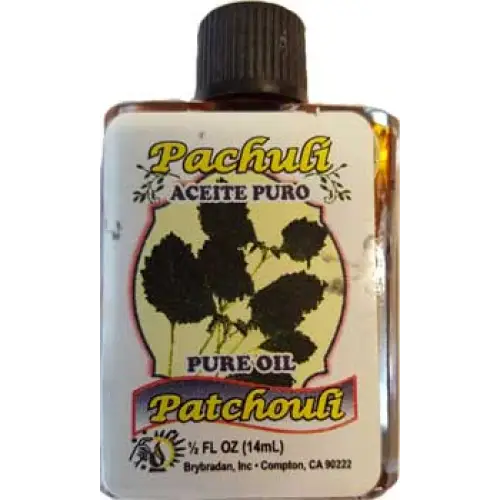 Small 4 dram bottle of Patchouli ritual oil with rich amber color, displayed on a white background. Perfect for grounding, attraction, and magical manifestation.