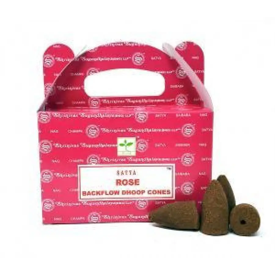 Box of rose backflow incense cones with individual cones displayed, set against a white background. Perfect for love, calm, and mesmerizing smoke flow.