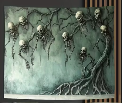 💀🌿 Skull and Vine Design Tapestry with Hanging Skeletons (70.87 x 118.1 in) – Gothic Glamour Haunted Whimsy