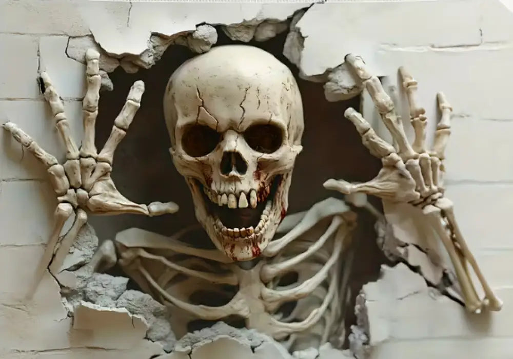 💀🕸️ Skull Coming Through the Wall Design Tapestry with Hanging Skeletons (70.87 x 118.1 in) – Haunted Drama Spooky