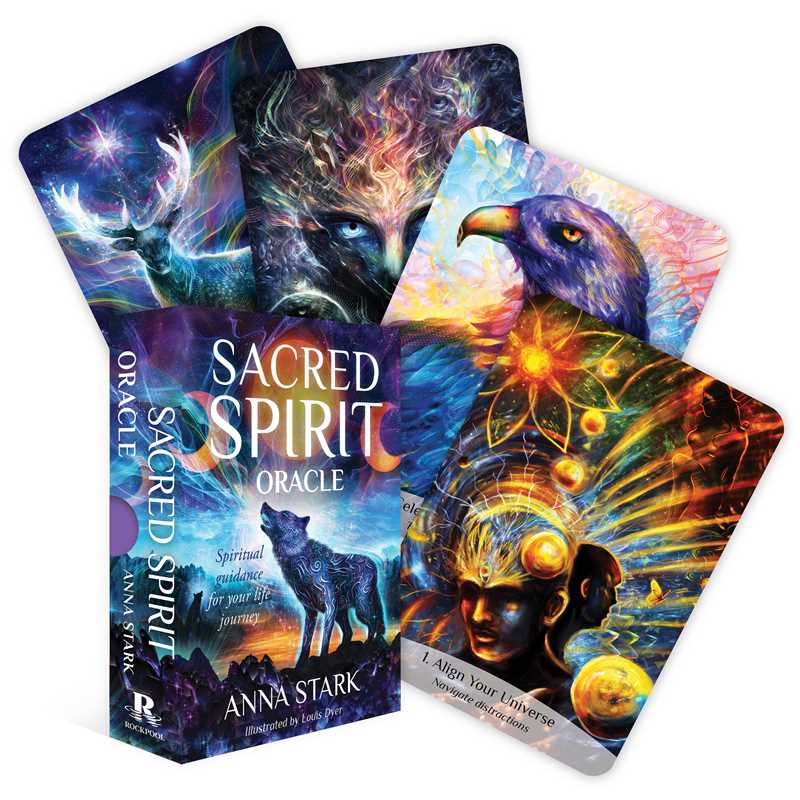 Sacred Spirit Oracle by Anna Stark, 36 card oracle deck with visionary artwork, guidebook, and celestial-themed box, displayed on a white background.