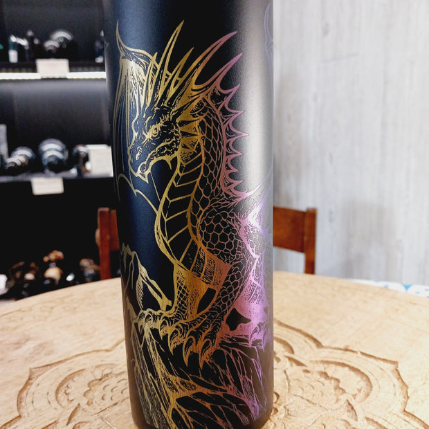 🐉🌈 20 oz. Black and Rainbow Metal Tumbler – Mountain Dragon Laser Etched Magical Hydration and Adventure-Ready! ✨