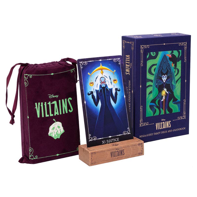 Disney Villains Tarot Deck and Guidebook (Large Format Deluxe Set) – 78 Cards, 128-Page Guidebook, Card Stand, and Velvet Pouch