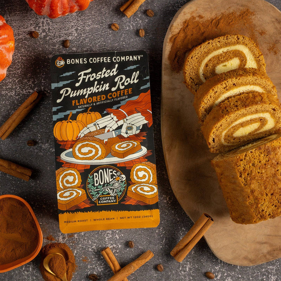 Bones Coffee Frosted Pumpkin Roll Flavored Ground Coffee (12 oz) – Medium Roast