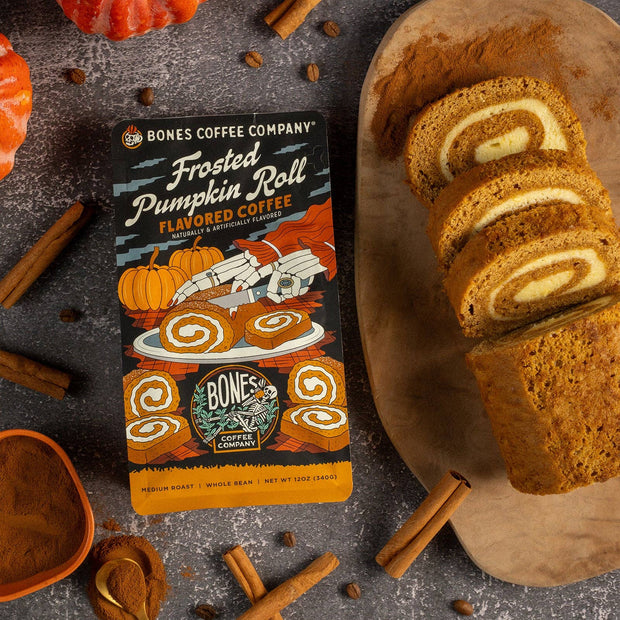 Bones Coffee Frosted Pumpkin Roll Flavored Ground Coffee (12 oz) – Medium Roast