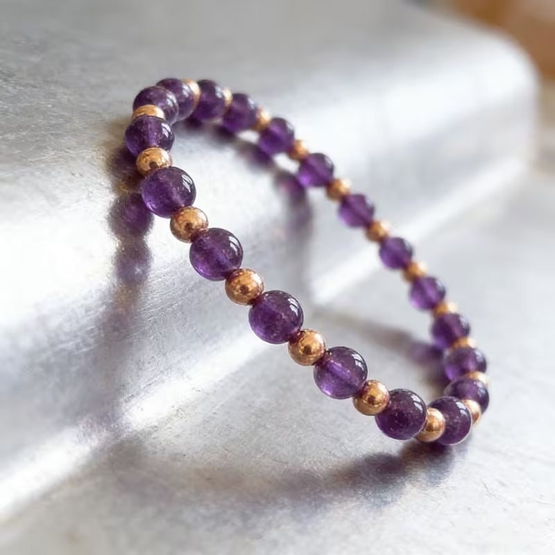 Amethyst and Copper Natural Crystal Beaded Bracelet | Great for Menopause and Hormone Support