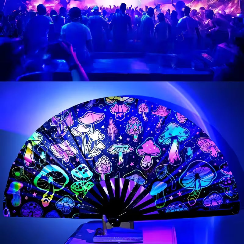 13-inch Bohemia Clacker Folding Fan – Neon Mushroom Design