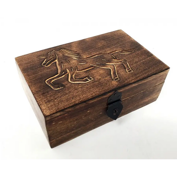 Rectangular 5X 8 inch wooden box with a whimsical unicorn design on the lid, displayed on a white background. Perfect for magical storage and enchanted organization.