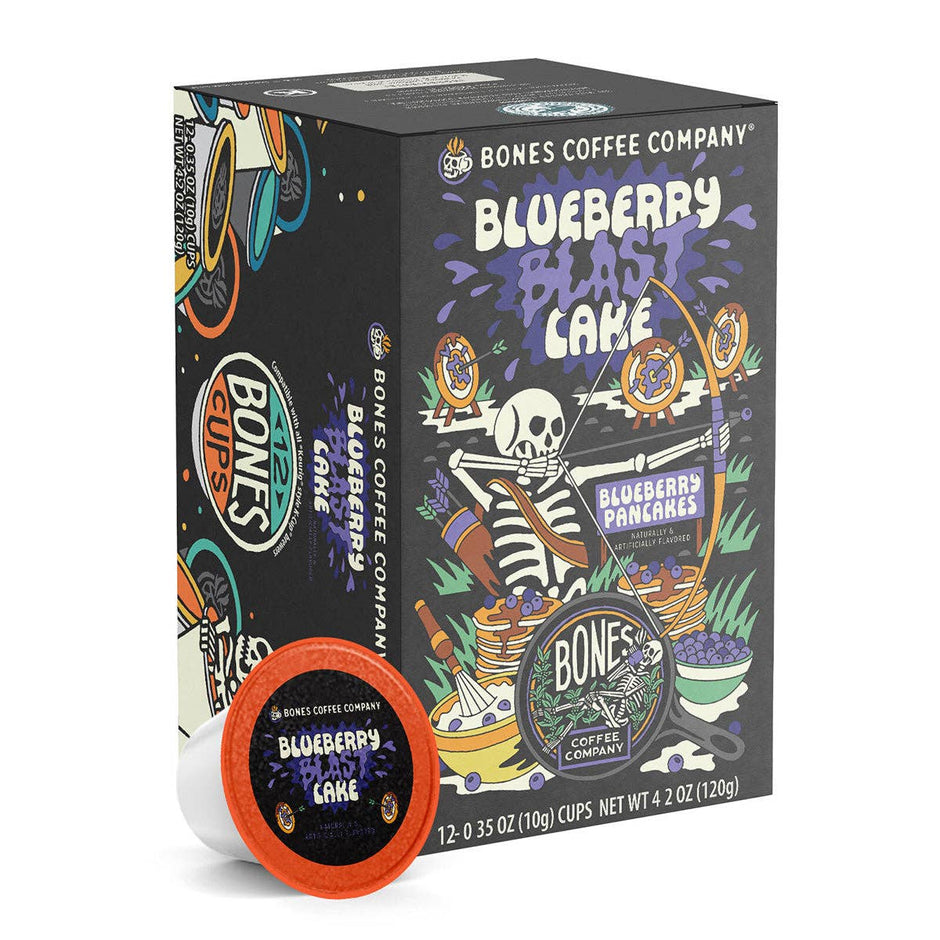 Bones Coffee Blueberry Blast Coffee Pods (12 Count) – Flavored Coffee Pods for Easy Brewing