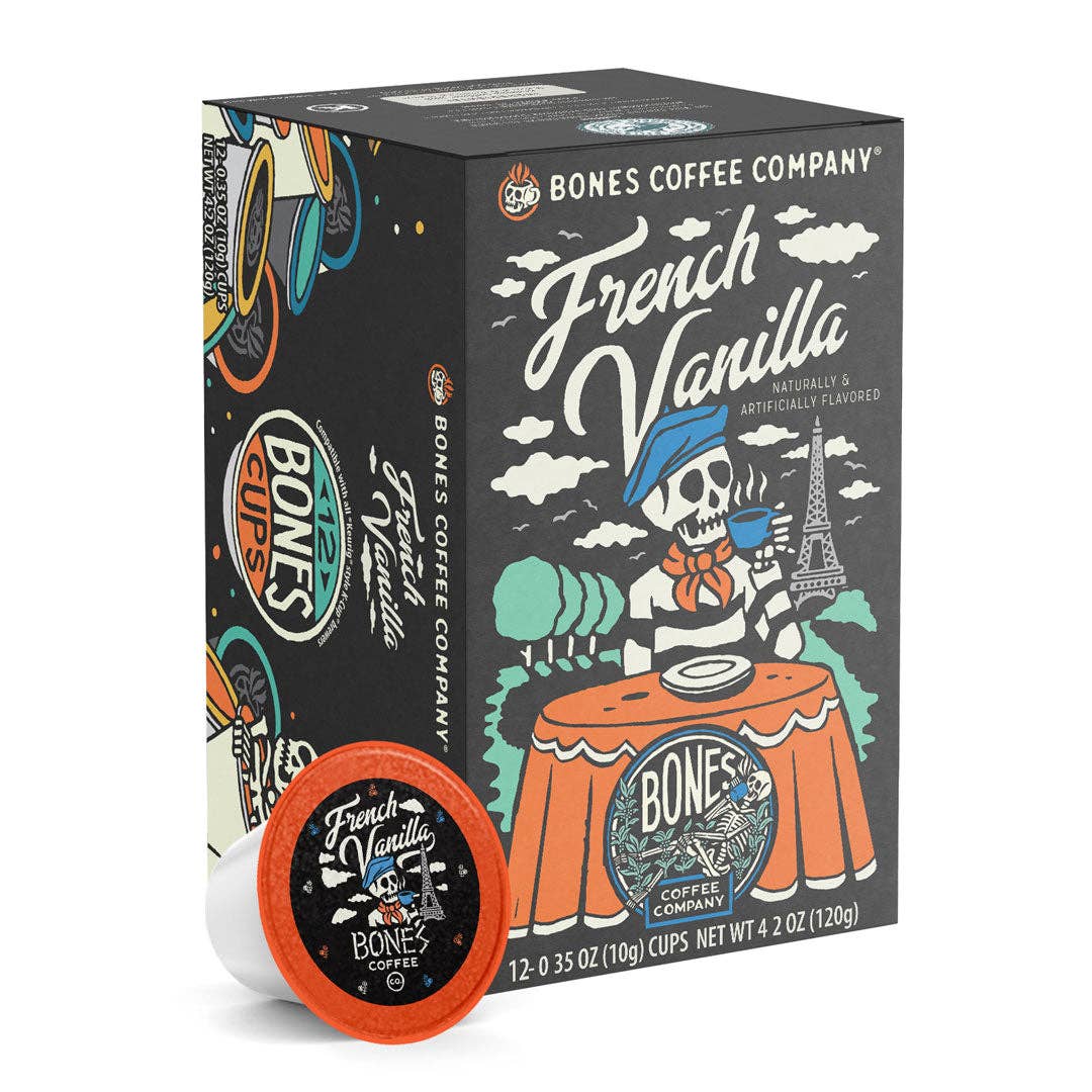 Bones Coffee French Vanilla Coffee Pods (12 Count) – Flavored Coffee Pods for Easy Brewing