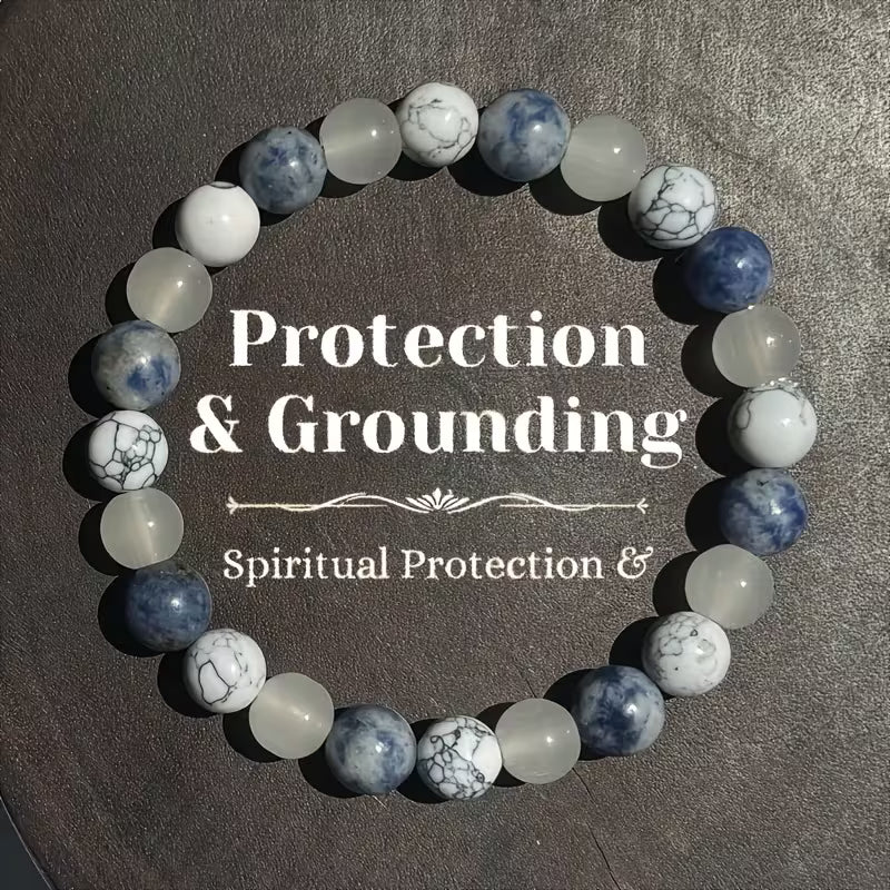 Howlite, Blue Dyed Howlite, and Clear Quartz Crystal Bead Bracelet for Protection and Grounding