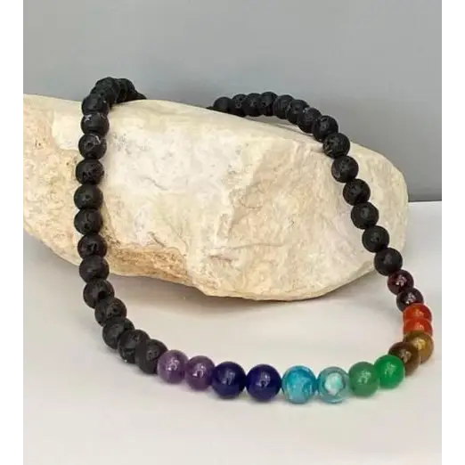 8 mm beaded necklace featuring black lava stones and a row of colorful chakra stones, displayed on a white background. Perfect for grounding, chakra balance, and aromatherapy.