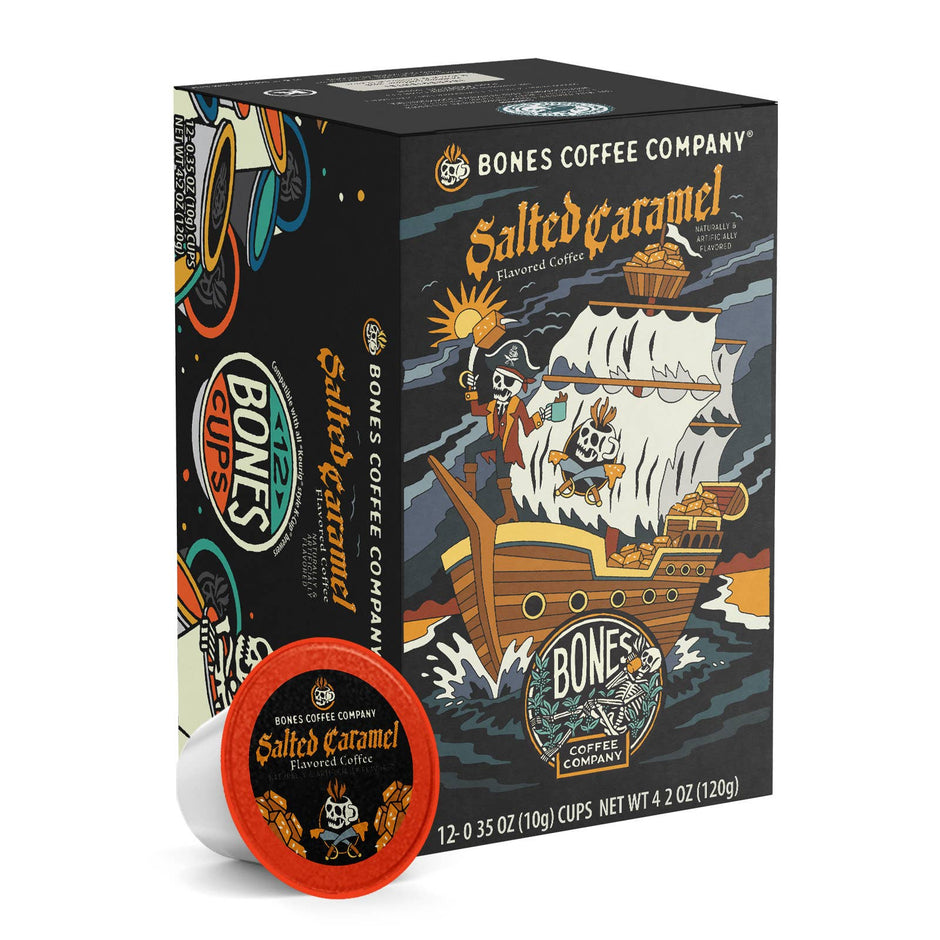 Bones Coffee Salted Caramel Coffee Pods (12 Count) – Flavored Coffee Pods for Easy BrewingSalted Caramel Coffee Pods | 12 Count | Flavored Coffee