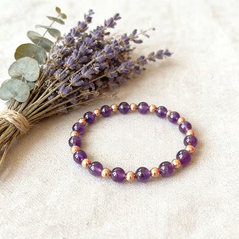 Amethyst and Copper Natural Crystal Beaded Bracelet | Great for Menopause and Hormone Support