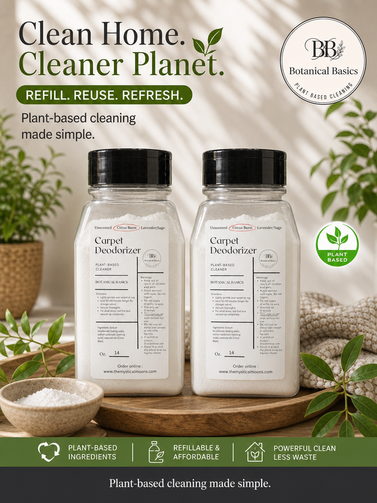 Two bottles of BB Botanical Basics Carpet Deodorizer shown on a styled wooden surface with plants and a bowl of powder. The ad includes the text 'Clean Home.