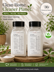 Two bottles of BB Botanical Basics Carpet Deodorizer shown on a styled wooden surface with plants and a bowl of powder. The ad includes the text 'Clean Home.