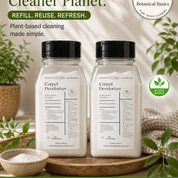 Two bottles of BB Botanical Basics Carpet Deodorizer shown on a styled wooden surface with plants and a bowl of powder. The ad includes the text 'Clean Home.
