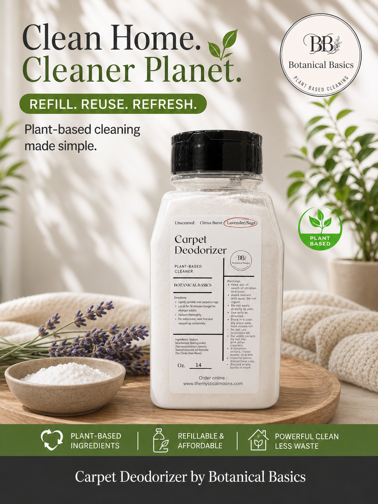 Botanical Basics Carpet Deodorizer refill bottle displayed on a wooden surface with home-cleaning props including lavender, a bowl of white crystals, and a soft textile background. Text highlights plant-based cleaning and refill/reuse benefits.