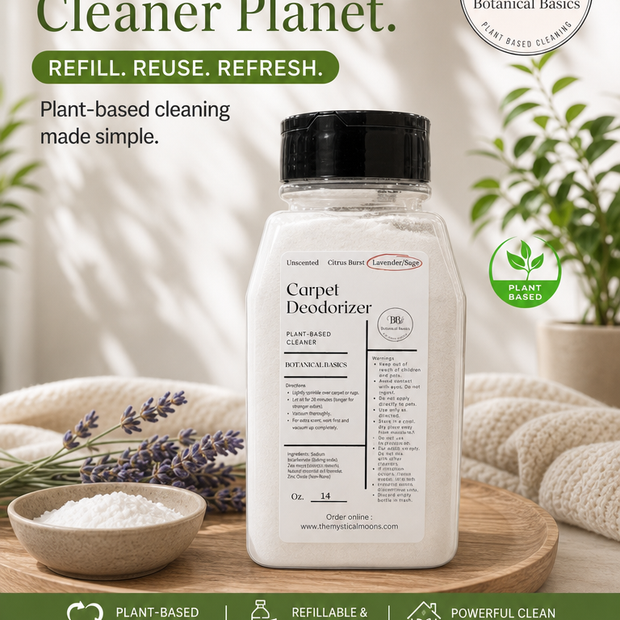 Botanical Basics Carpet Deodorizer refill bottle displayed on a wooden surface with home-cleaning props including lavender, a bowl of white crystals, and a soft textile background. Text highlights plant-based cleaning and refill/reuse benefits.