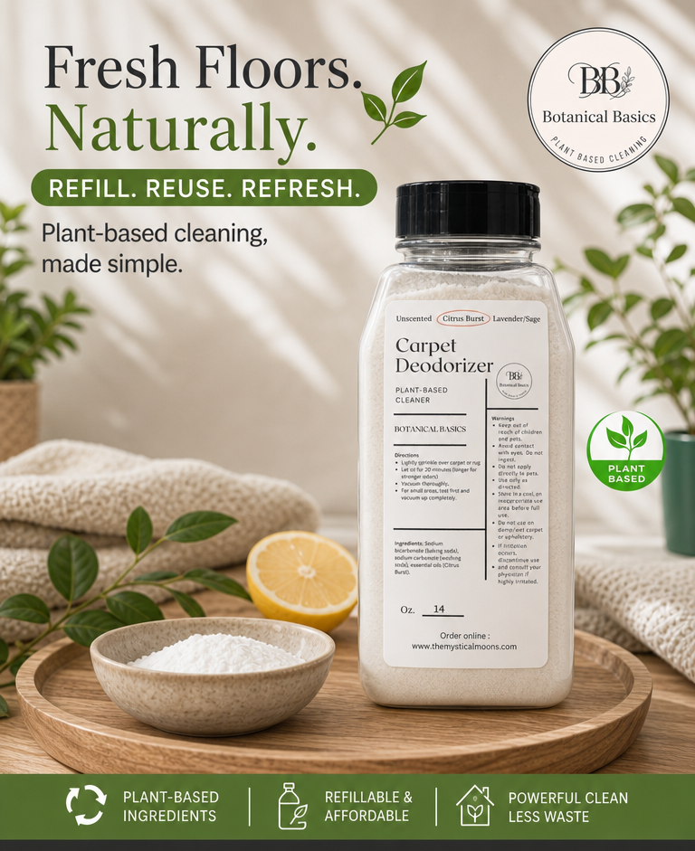 Botanical Basics Carpet Deodorizer refill bar bottle displayed on a wooden tray with a small bowl of white powder, a lemon slice, and soft neutral textiles in the background. Text overlays describe the plant-based cleaning product and include a plant-based badge.