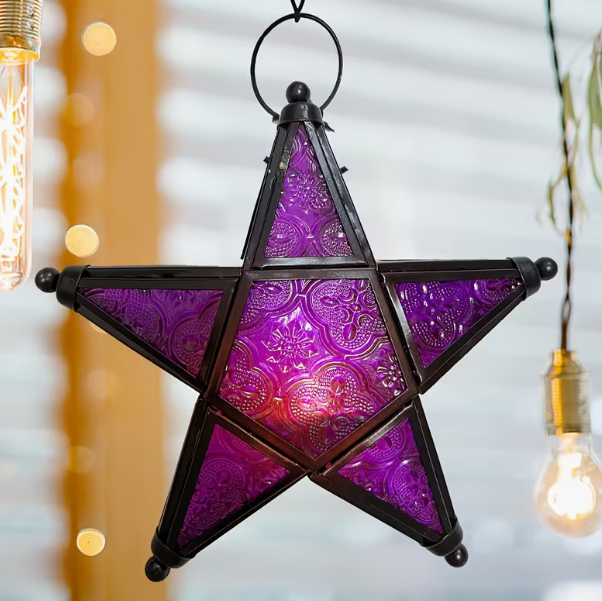 Moroccan Retro Style Windproof Glass Tea Light Holder (Pentagram / Pentacle) — Assorted Colors (7.32” x 7.75”)