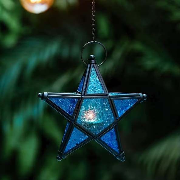 Moroccan Retro Style Windproof Glass Tea Light Holder (Pentagram / Pentacle) — Assorted Colors (7.32” x 7.75”)