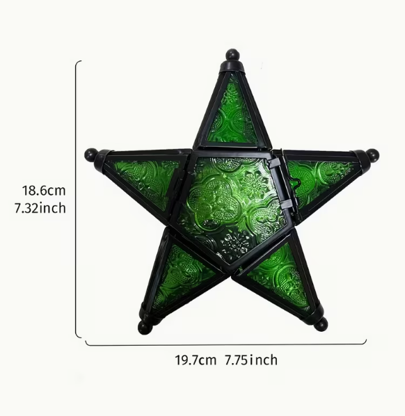 Moroccan Retro Style Windproof Glass Tea Light Holder (Pentagram / Pentacle) — Assorted Colors (7.32” x 7.75”)