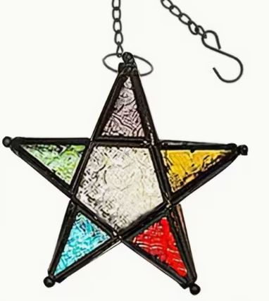 Moroccan Retro Style Windproof Glass Tea Light Holder (Pentagram / Pentacle) — Assorted Colors (7.32” x 7.75”)