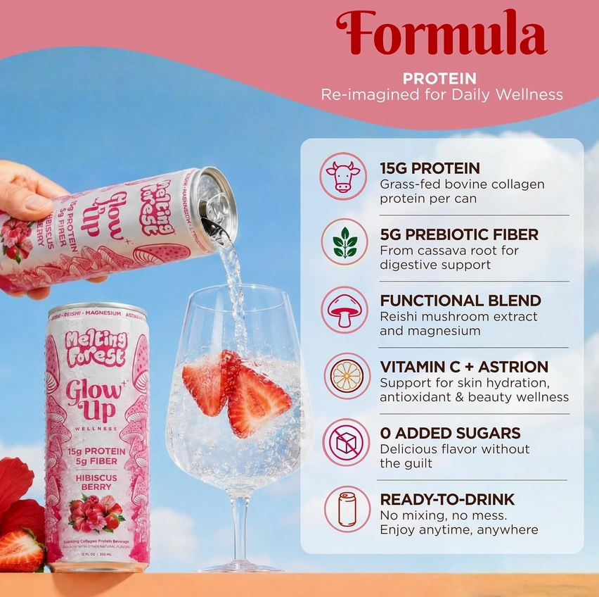 Melting Forest Glow Up Hibiscus Berry Sparkling Collagen Protein Beverage (12 fl oz)