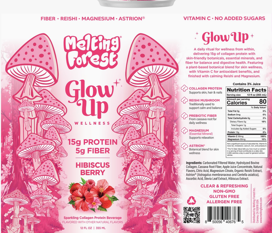 Melting Forest Glow Up Hibiscus Berry Sparkling Collagen Protein Beverage (12 fl oz)