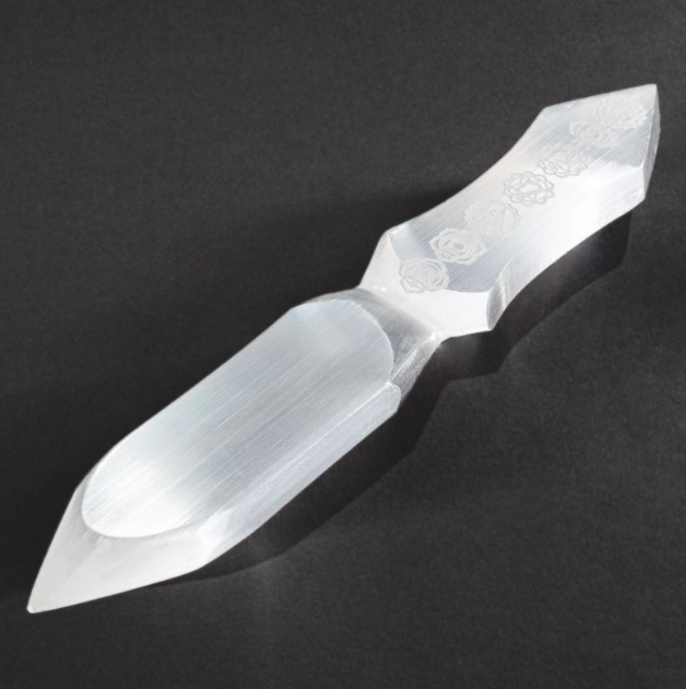 Selenite Chakra Athame (10") (Carved Chakra Symbols in Handle)