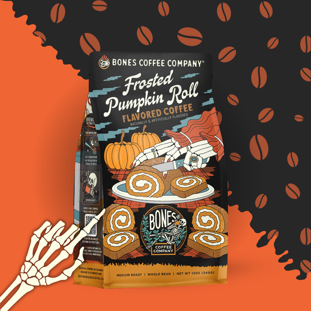 Bones Coffee Frosted Pumpkin Roll Flavored Ground Coffee (12 oz) – Medium Roast