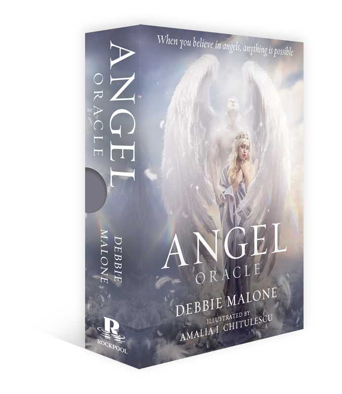 Angel Oracle deck by Debbie Malone, featuring beautifully illustrated angel cards and a guidebook, displayed on a white background.