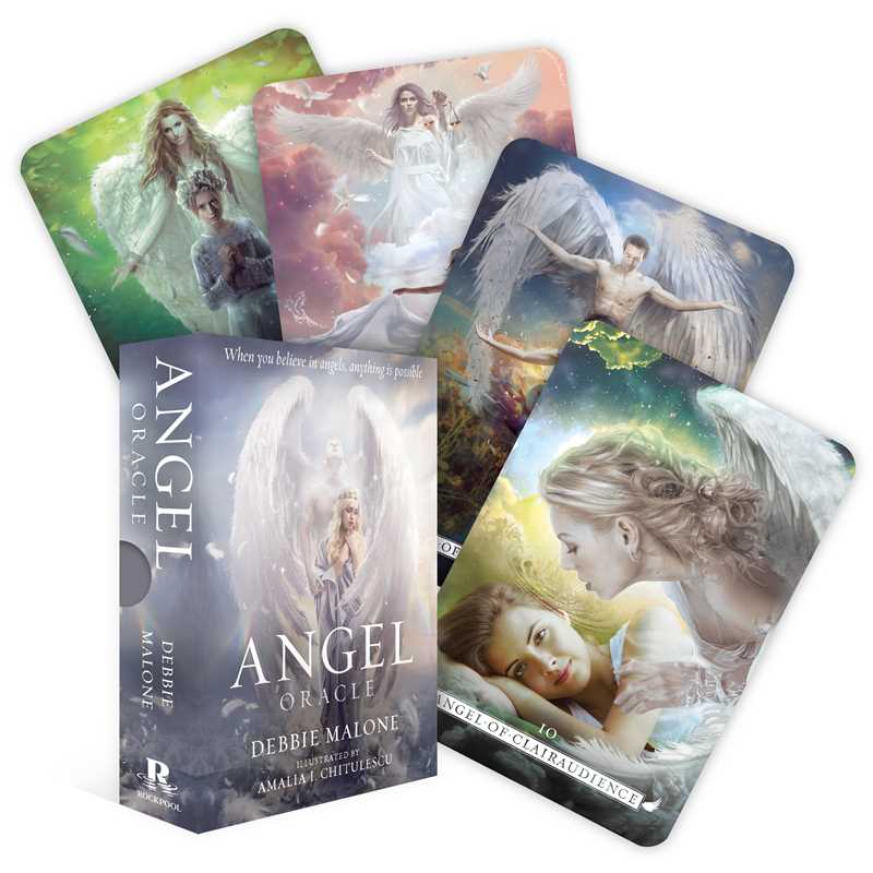 Angel Oracle deck by Debbie Malone, featuring beautifully illustrated angel cards and a guidebook, displayed on a white background.