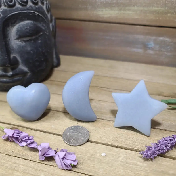Angelite Stars Hearts and Moon Carvings - Carvings