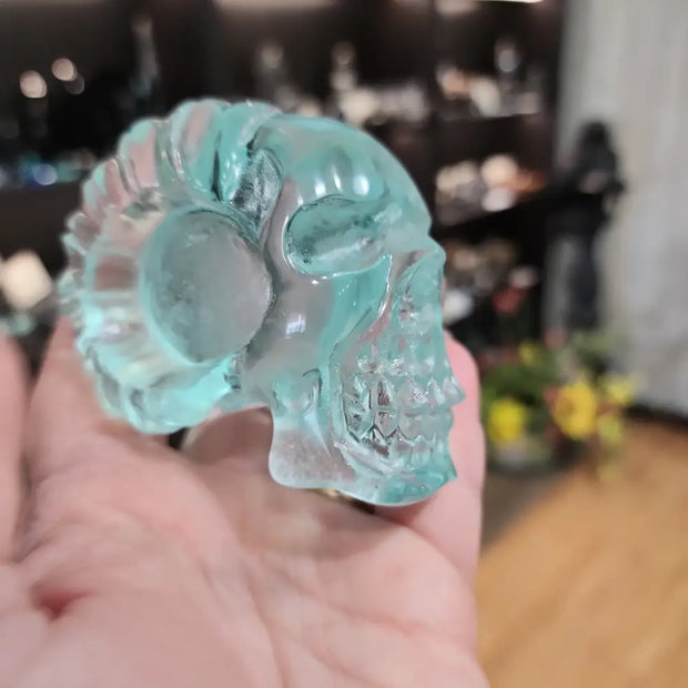 💀✨ Aqua Obsidian Skull with Horns – Mystical Power Protection and Bold Transformation! 🌊 3.5’’ - Aqua Obsidian Skull