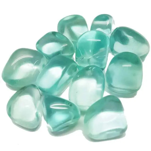 Polished aqua obsidian tumbles with vibrant blue hues, displayed on a white background. Perfect for soothing energy, protection, and emotional balance.

