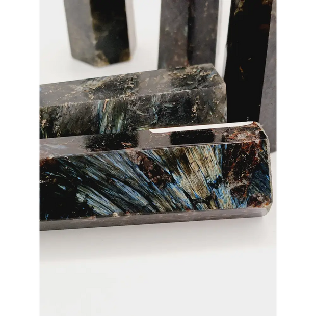 Astrophyllite (firework stone) with garnet tower, 2.5–3 inches, hand-polished with golden flashes and deep red inclusions, displayed on a white background.