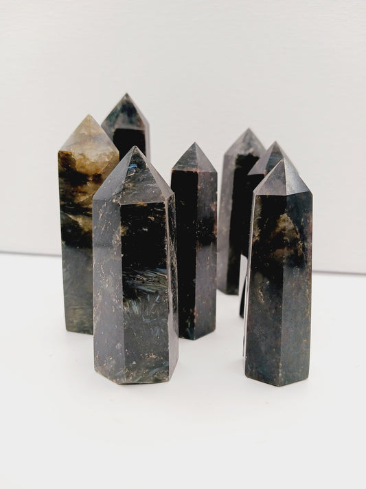 Astrophyllite (firework stone) with garnet tower, 2.5–3 inches, hand-polished with golden flashes and deep red inclusions, displayed on a white background.
